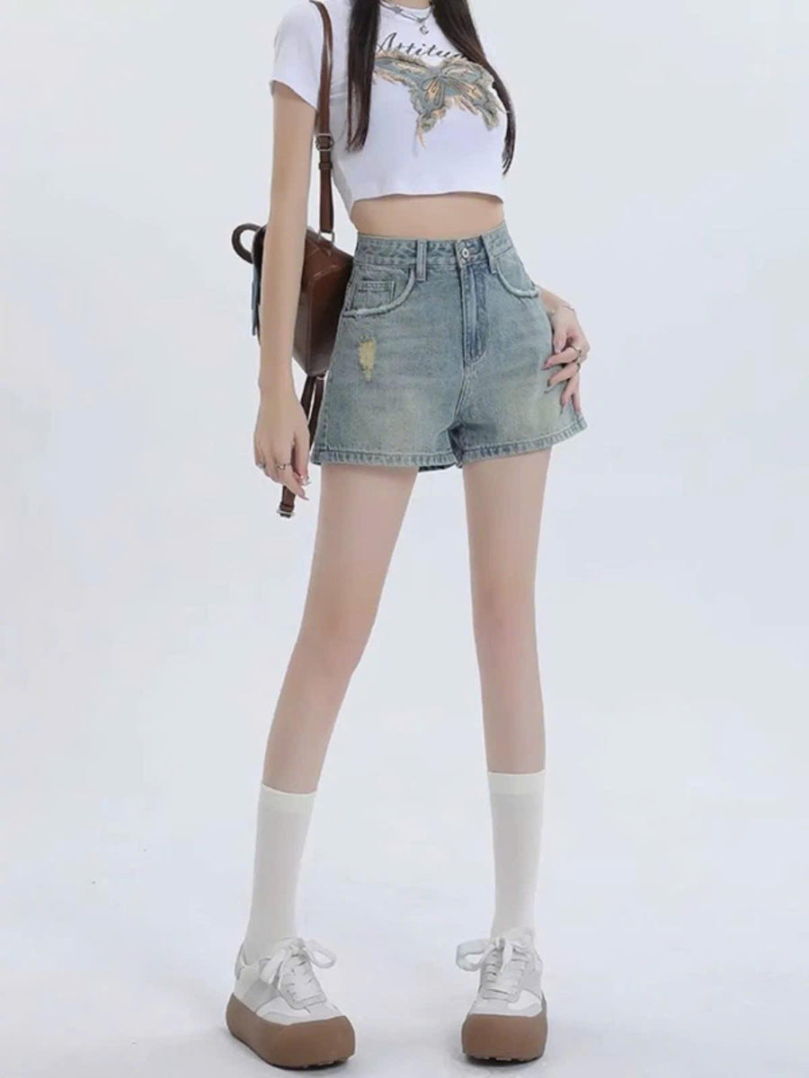 Quần short nữ jean lưng cao thời trang rách túi ED13 - Thiết kế trẻ trung năng động & Chất liệu bền đẹp phù hợp nhiều phong cách