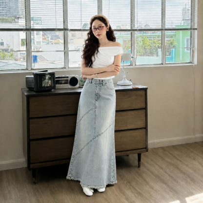 Chân Váy Jean Dáng Dài Cạp Cao Chữ A Xẻ Sau ED02 Phong Cách Thời Trang Nữ