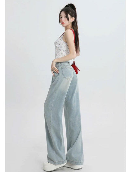 Quần Jeans nữ dáng suông ống rộng xếp ly cạp cao kiểu dáng retro ED08