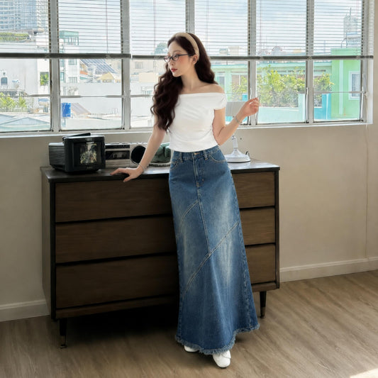 Chân Váy Jean Dáng Dài Cạp Cao Chữ A Xẻ Sau ED02 Phong Cách Thời Trang Nữ