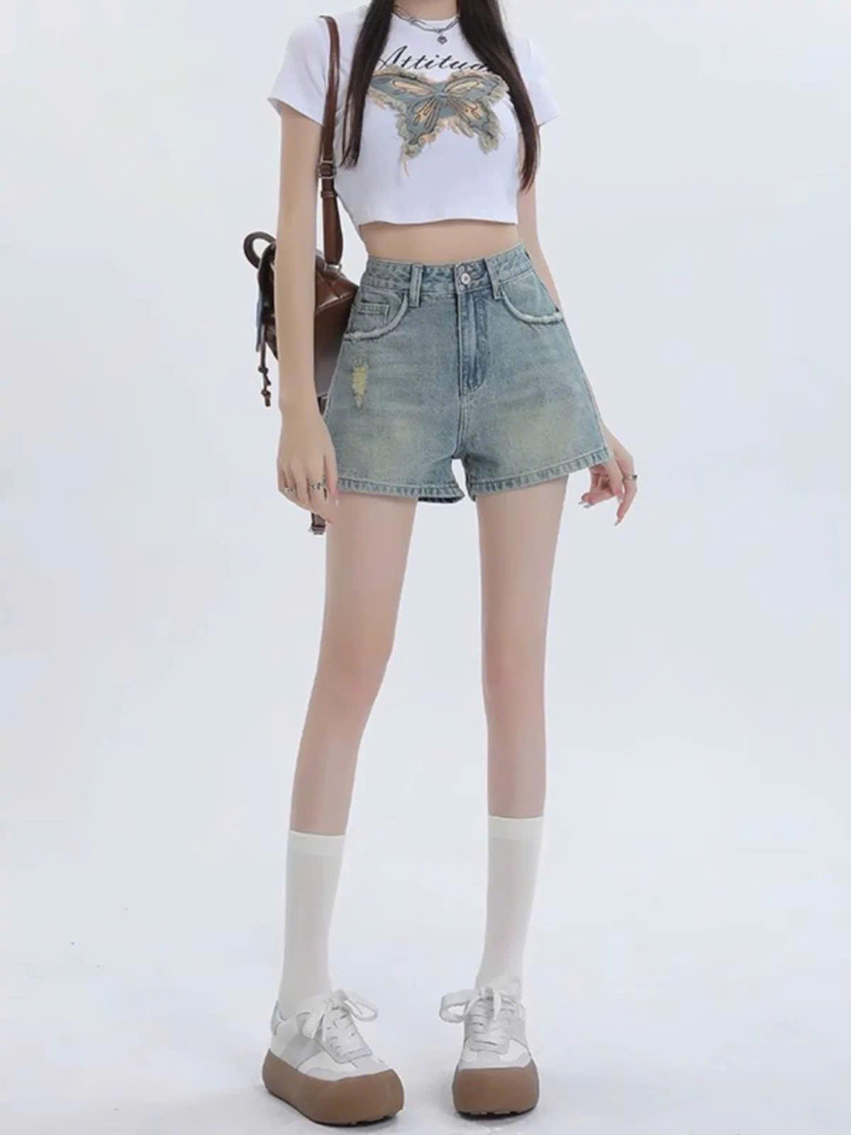 Quần short nữ jean lưng cao thời trang rách túi ED13 - Thiết kế trẻ trung năng động & Chất liệu bền đẹp phù hợp nhiều phong cách