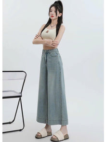 Quần Jeans Nữ Suông Nấm Cạp Cao Ống Rộng Phong Cách Nấm Lùn Cho Nữ ED49