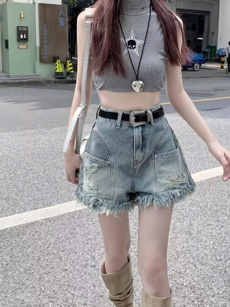 Quần short denim rách tua rua dành cho nữ, quần short jean thiết kế độc đáo cạp cao dáng chữ A ED06