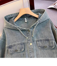 Áo khoác Jeans Denim nữ có mũ tay dài, áo jeans khoác ngoài dáng rộng phong cách ED30