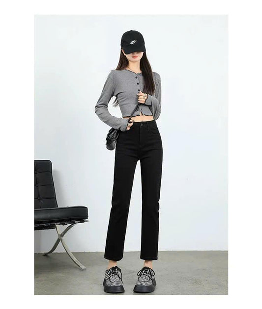 Quần Jeans Lửng Co Giãn ED37 Quần Denim Cạp Cao Ống Đứng Phong Cách Hiện Đại Cho Nữ
