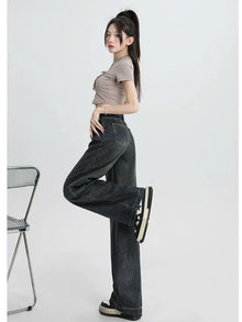 Quần Jeans nữ dáng suông ống rộng xếp ly cạp cao kiểu dáng retro ED08