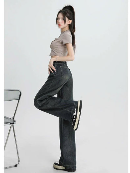 Quần Jeans nữ dáng suông ống rộng xếp ly cạp cao kiểu dáng retro ED08