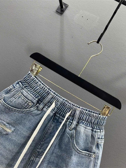 Quần jean ngố nữ cạp chun dây rút rách thời trang ED18