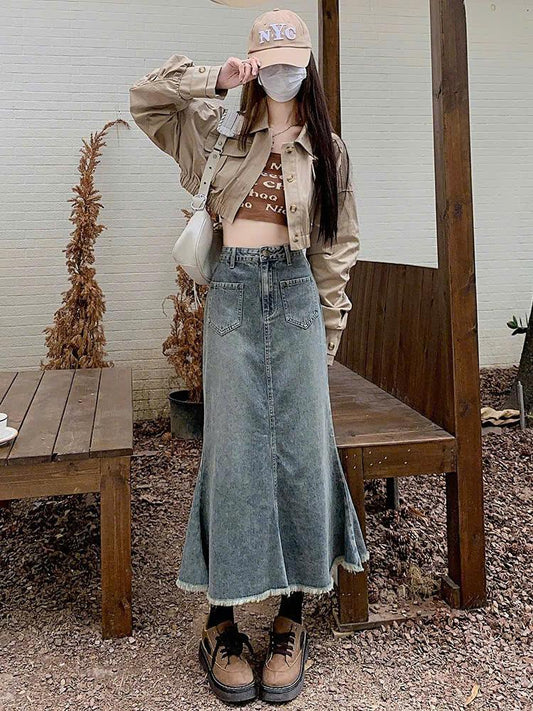 Chân Váy Jeans Đuôi Cá ED33 Váy Denim Mùa Hè Cho Nữ Cạp Cao Dáng Chữ A Thon Gọn Phong Cách Thời Trang ED33