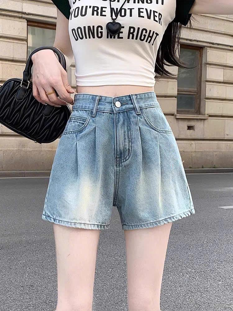 Quần short jeans lưng cao thiết kế xếp ly và thời trang dành cho nữ mùa hè ED11