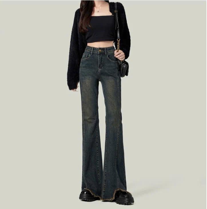 Quần jeans ống loe cạp cao dành cho nữ, thiết kế xẻ thân tua rua gấu cá tính ED10