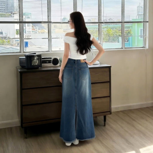 Chân Váy Jean Dáng Dài Cạp Cao Chữ A Xẻ Sau ED02 Phong Cách Thời Trang Nữ