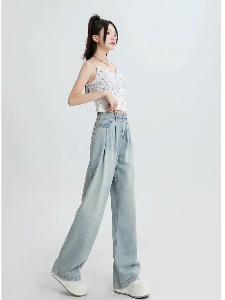 Quần Jeans nữ dáng suông ống rộng xếp ly cạp cao kiểu dáng retro ED08
