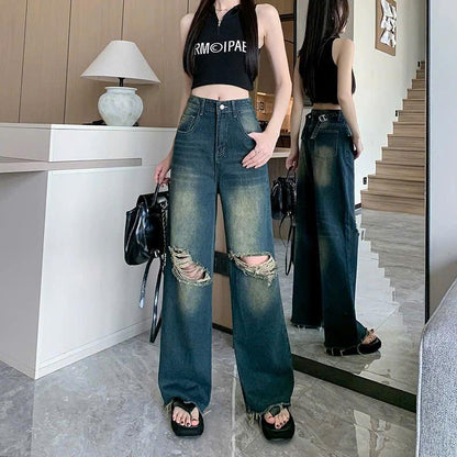 Quần Jean Ống Suông Rách Gối Thời Trang Tua Gấu Phong Cách Cá Tính ED20 cho Nữ