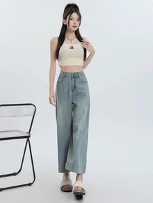 Quần Jeans Nữ Suông Nấm Cạp Cao Ống Rộng Phong Cách Nấm Lùn Cho Nữ ED49