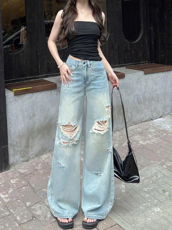 Quần Jean Ống Suông Cạp Cao Rách Gối Thời Trang Phong Cách Hiện Đại Cho Nữ ED22