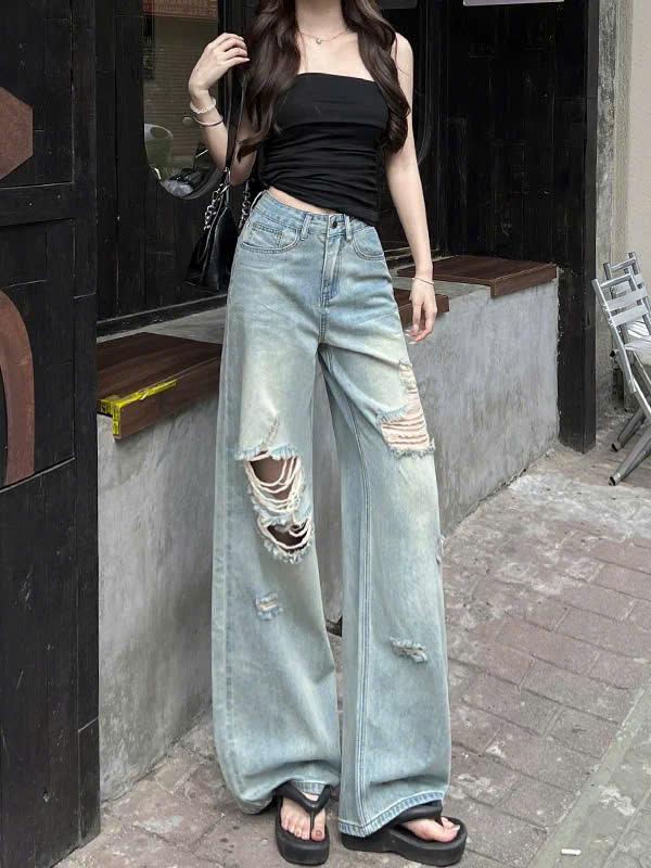 Quần Jean Ống Suông Cạp Cao Rách Gối Thời Trang Phong Cách Hiện Đại Cho Nữ ED22