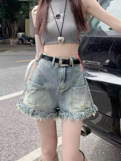 Quần short denim rách tua rua dành cho nữ, quần short jean thiết kế độc đáo cạp cao dáng chữ A ED06