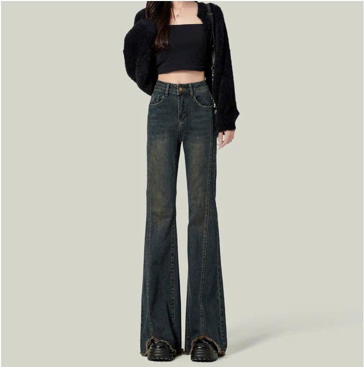 Quần jeans ống loe cạp cao dành cho nữ, thiết kế xẻ thân tua rua gấu cá tính ED10