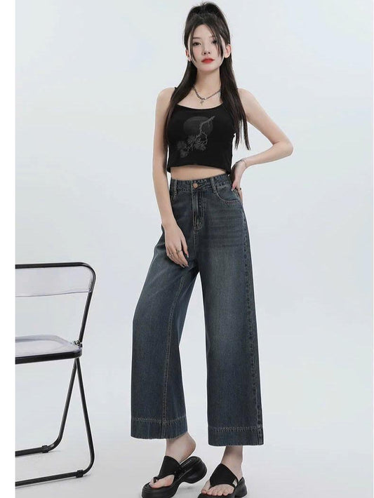 Quần Jeans Nữ Suông Nấm Cạp Cao Ống Rộng Phong Cách Nấm Lùn Cho Nữ ED49