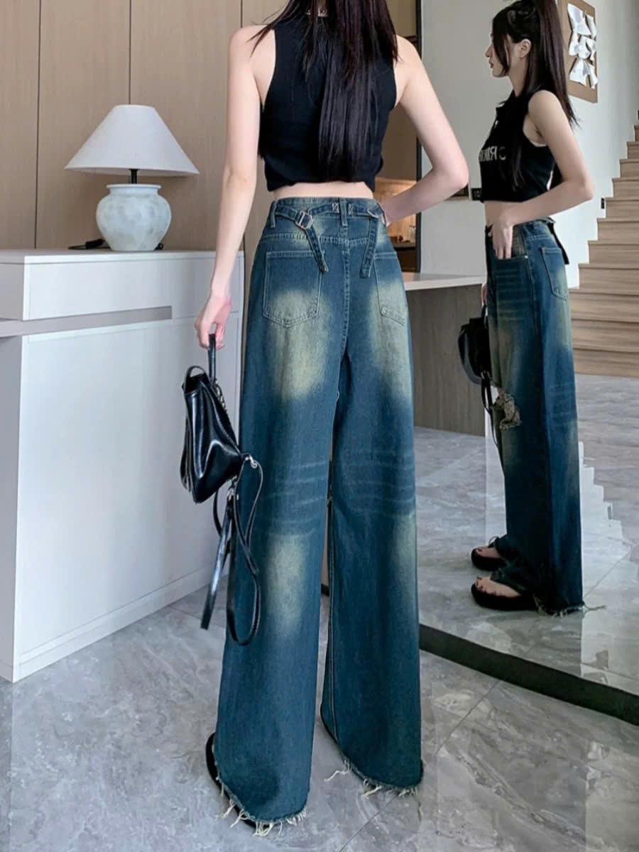 Quần Jean Ống Suông Rách Gối Thời Trang Tua Gấu Phong Cách Cá Tính ED20 cho Nữ