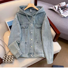 Áo khoác Jeans Denim nữ có mũ tay dài, áo jeans khoác ngoài dáng rộng phong cách ED30