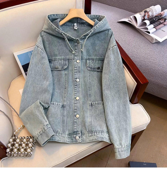 Áo khoác Jeans Denim nữ có mũ tay dài, áo jeans khoác ngoài dáng rộng phong cách ED30