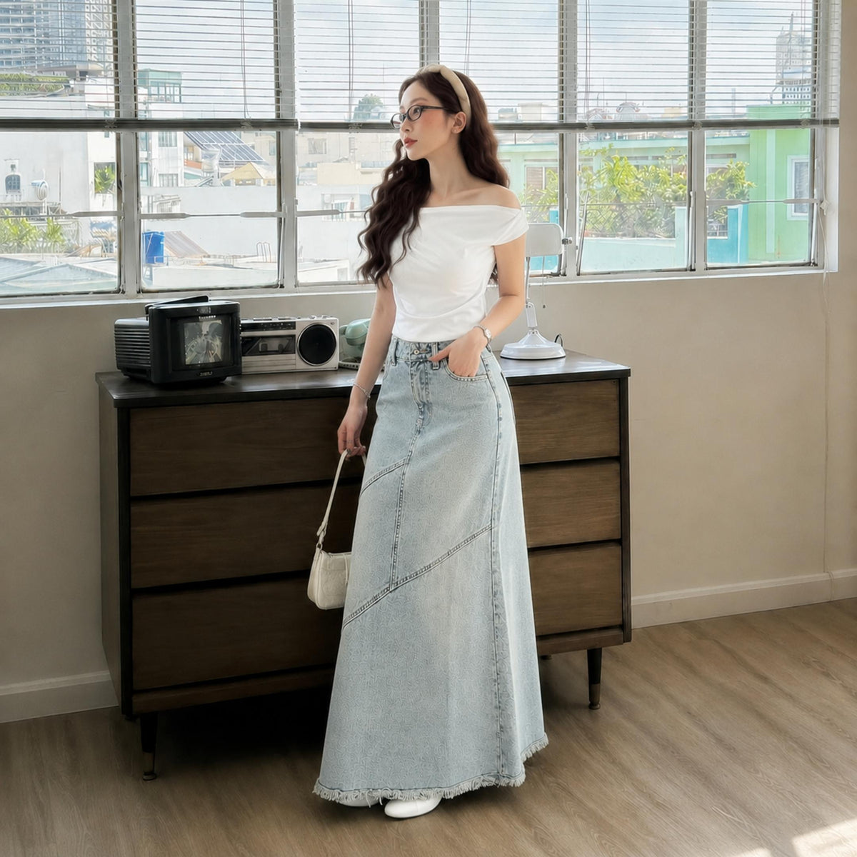 Chân Váy Jean Dáng Dài Cạp Cao Chữ A Xẻ Sau ED02 Phong Cách Thời Trang Nữ