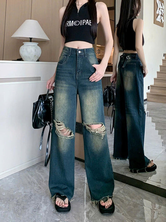 Quần Jean Ống Suông Rách Gối Thời Trang Tua Gấu Phong Cách Cá Tính ED20 cho Nữ