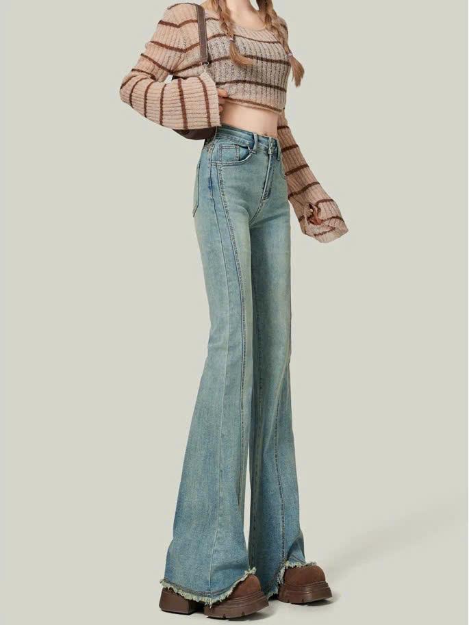Quần jeans ống loe cạp cao dành cho nữ, thiết kế xẻ thân tua rua gấu cá tính ED10