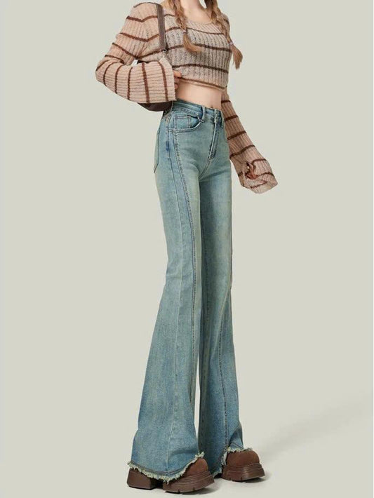 Quần jeans ống loe cạp cao dành cho nữ, thiết kế xẻ thân tua rua gấu cá tính ED10
