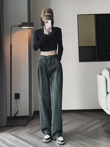 Quần Jeans nữ dáng suông ống rộng xếp ly cạp cao kiểu dáng retro