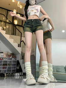 Quần short nữ jean co giãn phối khóa túi sau
