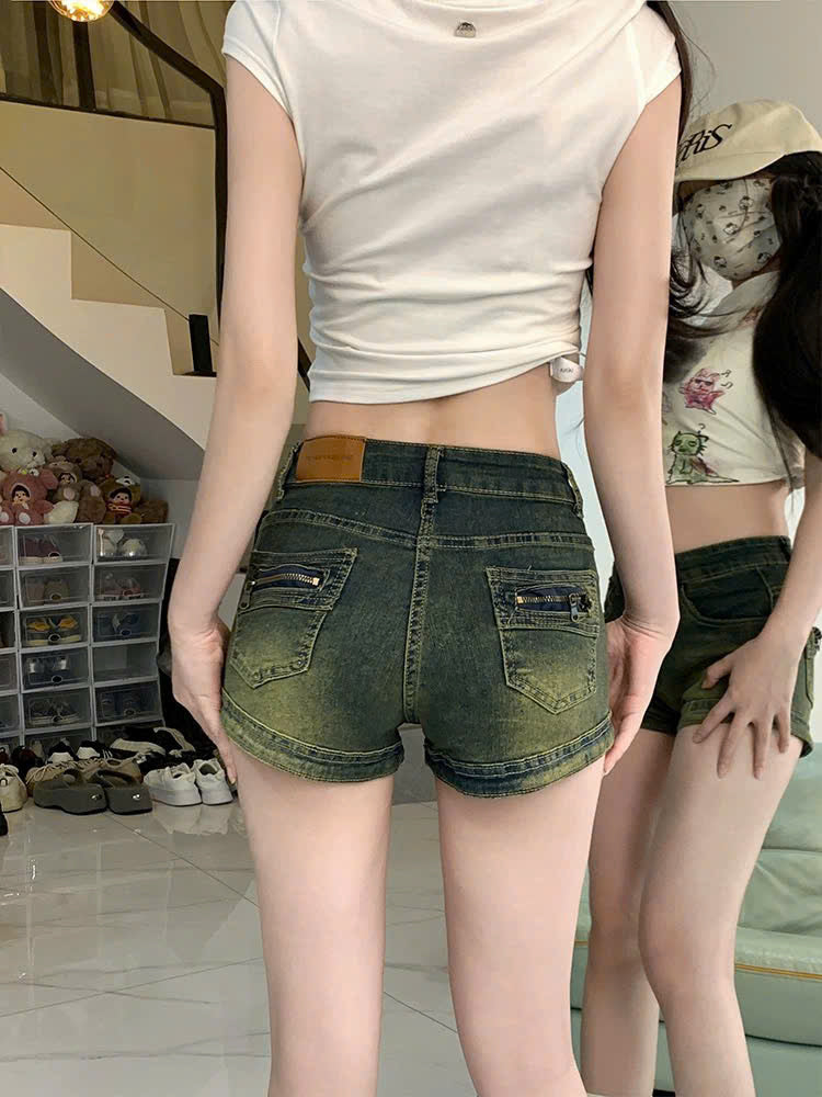 Quần short nữ jean co giãn phối khóa túi sau