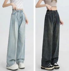 Quần Jeans nữ dáng suông ống rộng xếp ly cạp cao kiểu dáng retro