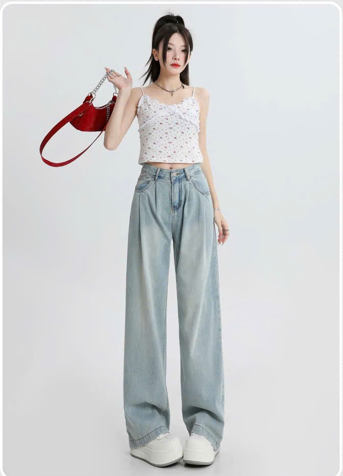 Quần Jeans nữ dáng suông ống rộng xếp ly cạp cao kiểu dáng retro