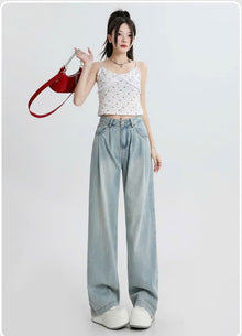 Quần Jeans nữ dáng suông ống rộng xếp ly cạp cao kiểu dáng retro