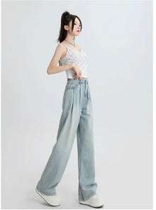 Quần Jeans nữ dáng suông ống rộng xếp ly cạp cao kiểu dáng retro