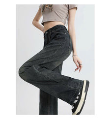 Quần Jeans nữ dáng suông ống rộng xếp ly cạp cao kiểu dáng retro