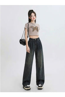 Quần Jeans nữ dáng suông ống rộng xếp ly cạp cao kiểu dáng retro