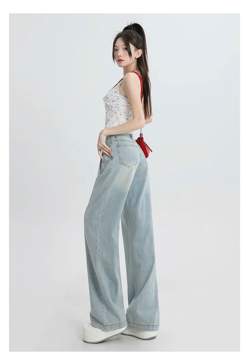 Quần Jeans nữ dáng suông ống rộng xếp ly cạp cao kiểu dáng retro