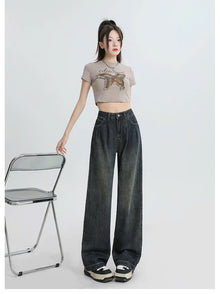 Quần Jeans nữ dáng suông ống rộng xếp ly cạp cao kiểu dáng retro